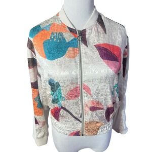 Elevenses Anthropologie Floral Damask Jacquard Bomber Jacket XS White Multi Zip